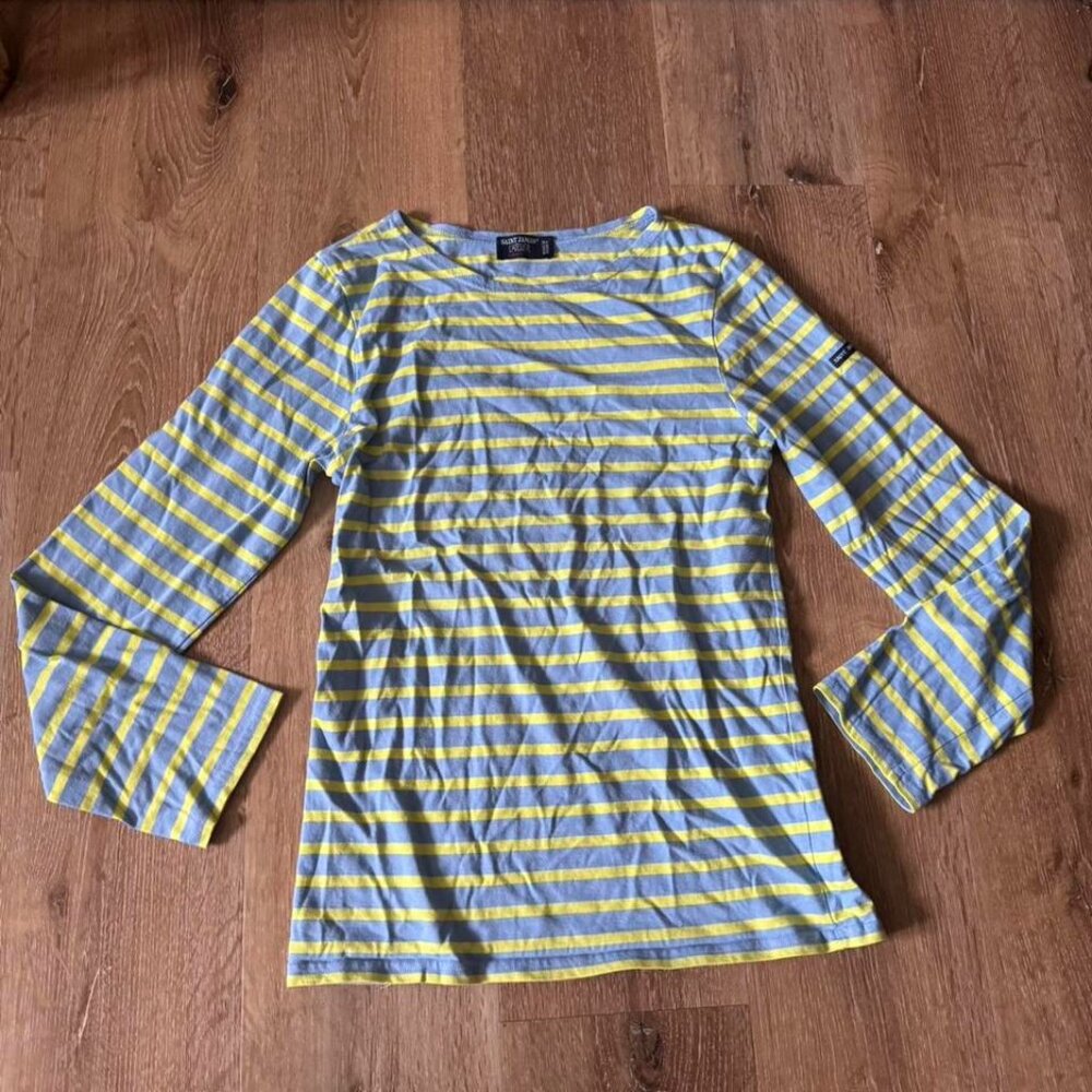 Saint James L'atelier Yellow‎ Light Blue Stripe Sailor Long Sleeve Shirt Size 34
